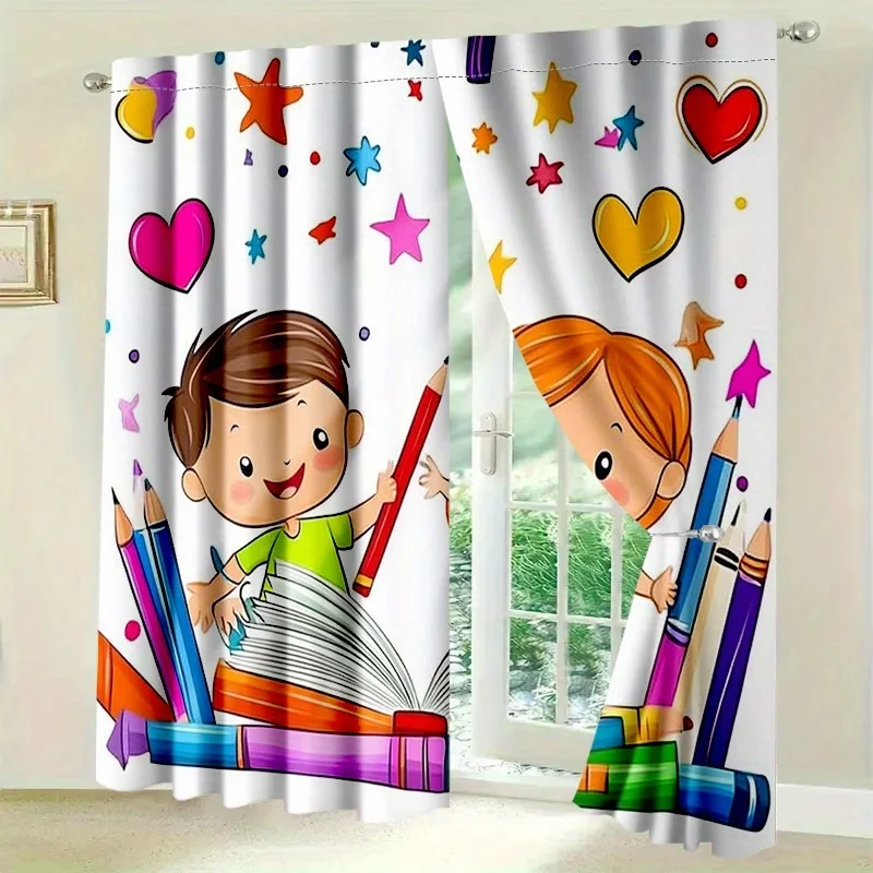 2PCS Digital Printed Curtains, Colorful Crayons Kids Art Drawing Pattern, Window Drapes for Living Room Bedroom Home Decoration
