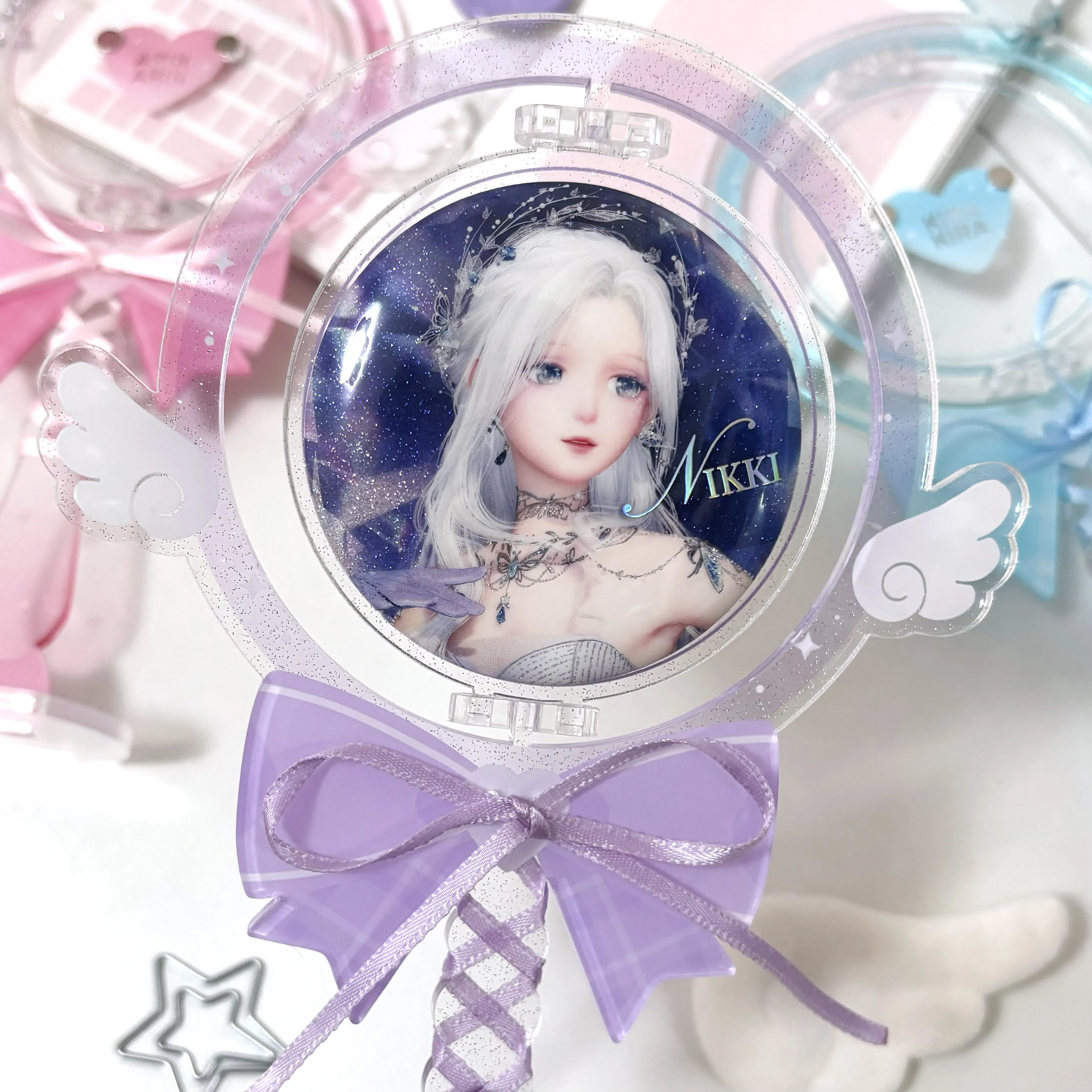 Original Ribbon Bow Rotating Clock in Stick Bar Stand Brand Acrylic Gu Mei Wings Animation Badge Decoration