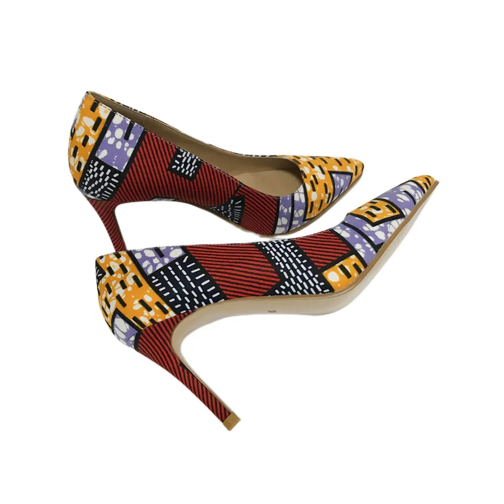 Nigerian Wax Women Pointy Toe High Heels 9cm Nice Wedding Red Cotton Fabric Pumps Club Party Shoes High Quality Soft Wear 36-43