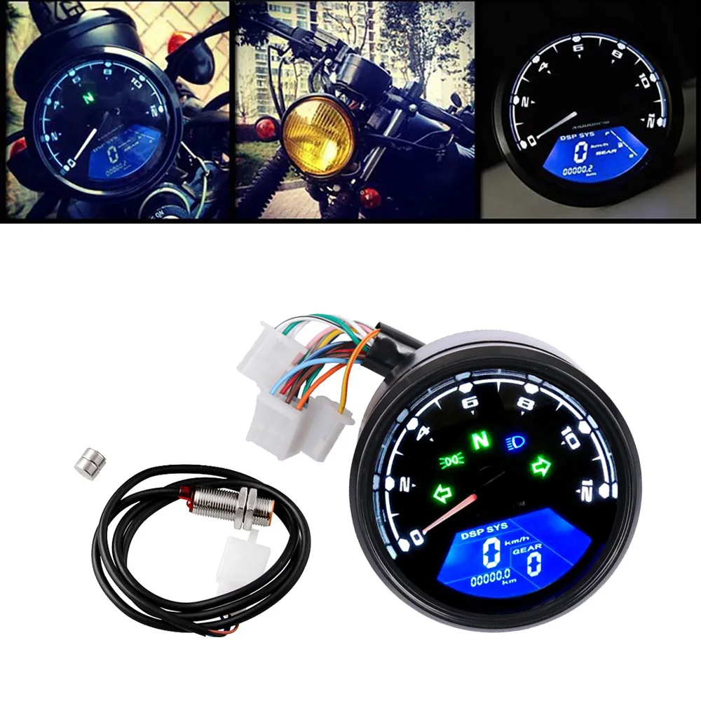 

Easy Install 12000RPM LCD Digital Speedometer Tachometer - Cafe Racer Motorcycle Odometer with LED Backlight