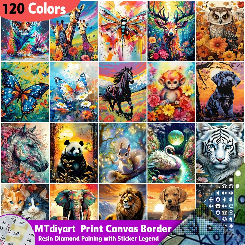 Symbol-Aufkleber 120 Farben Harz-Diamantmalerei Bedruckte Leinwand mit Rand Tinten-Spritzer Wilder Tiger Panda Pferd Vollflächige Dekoration für Zuhause