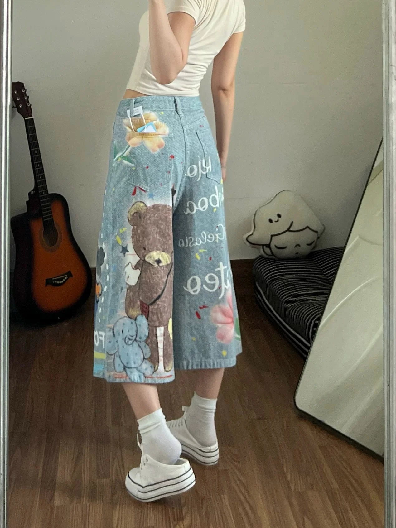 Blue Dog Print Seven-Five Jeans Women's Summer Hong Kong Style Loose Wide Leg Slimming Street Personality Straight Short Pants