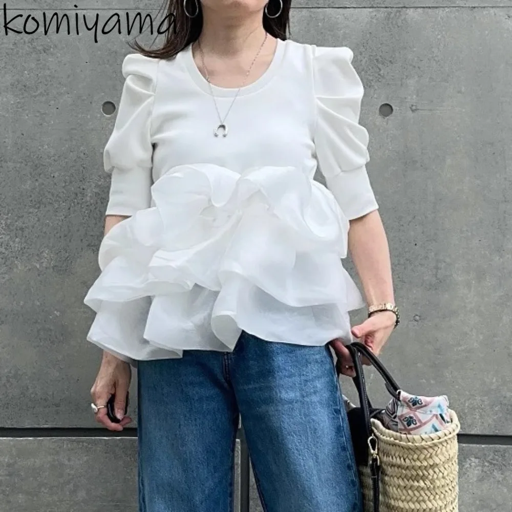 

Сетчатая одежда с оборками, Ropa De Mujer, новинка 2023 года, женская одежда в японском стиле, одежда с пышными рукавами и круглым вырезом, Roupas