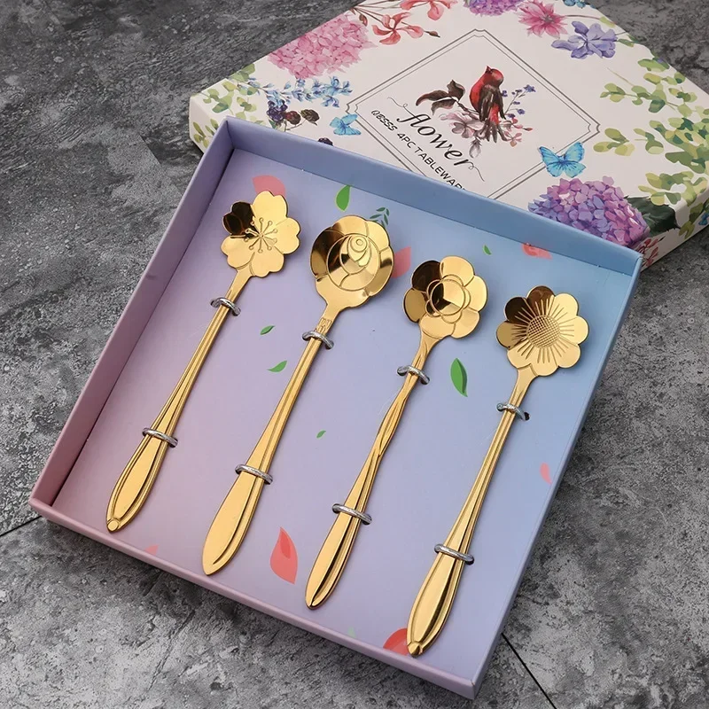 Luxury Flower Spoon Set 2/4 Pieces Golden Coffee Spoon Gift Box Stainless Steel Small Teaspoon Creative Gold Spoon