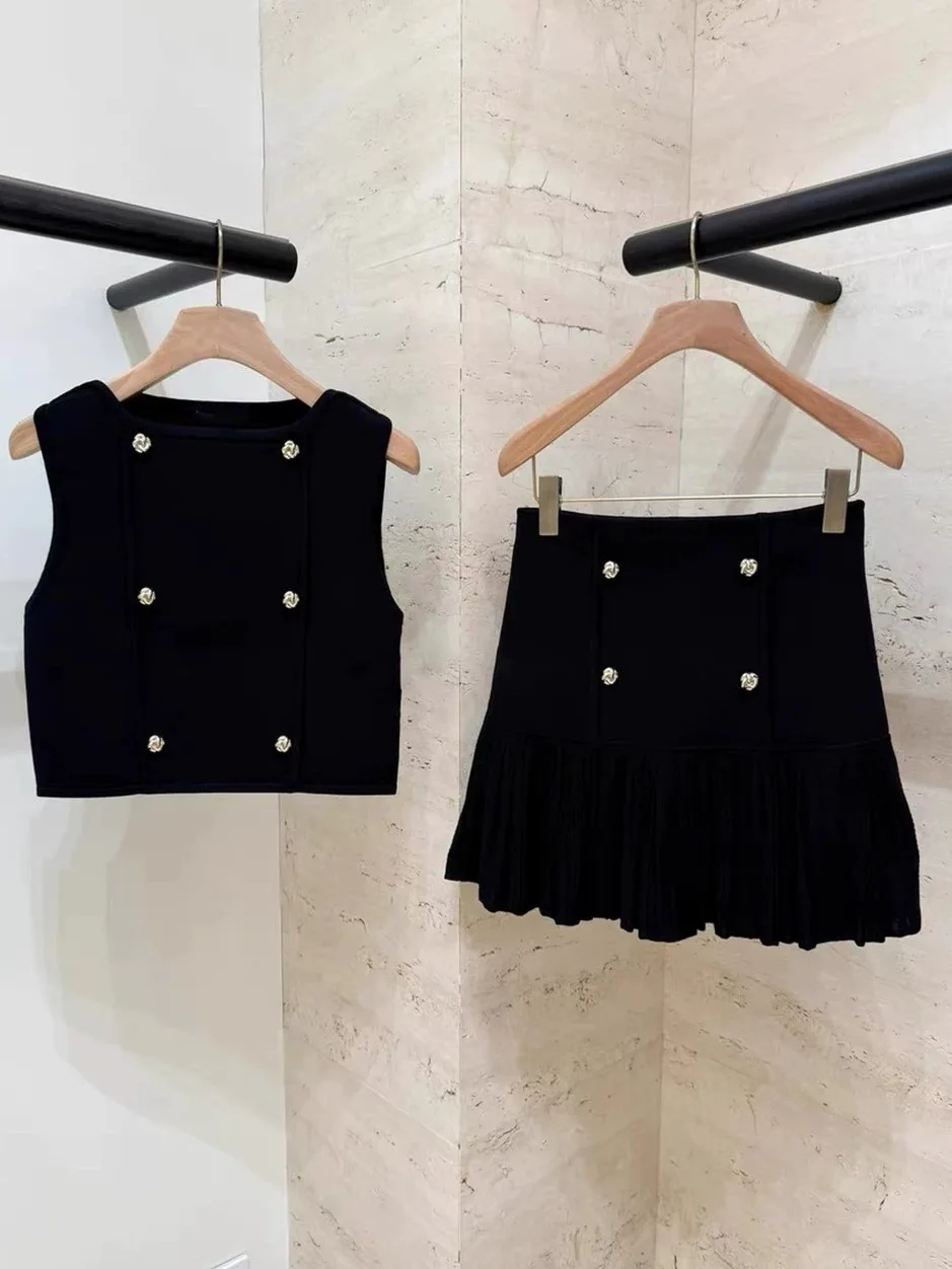 Conjunto de blusa de malha Ele Bla Svel e saia f com botões duplos Sweet Sle Faionable roupa feminina de outono