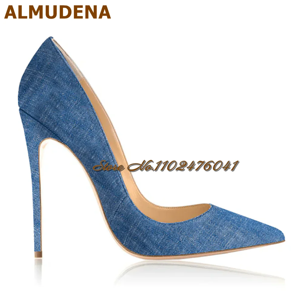 Almudena Blue Denim Shallow Cut Pointed Toe Pumps 12cm 10cm 8cm Stiletto Heels Dress Pumps Women Slip-On Jeans Banquet Shoes