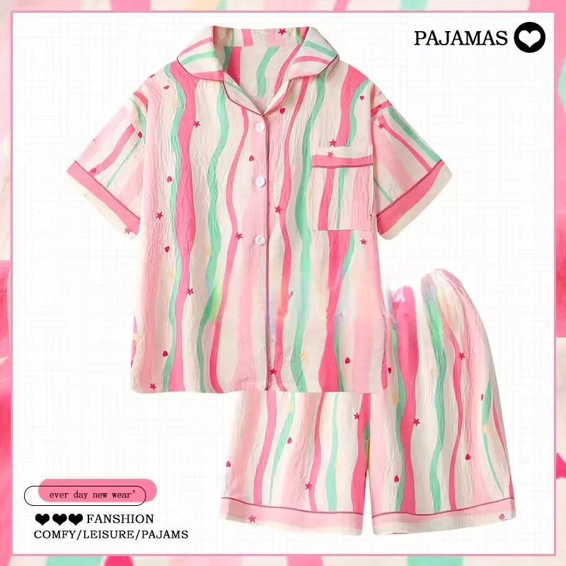 New Ladies Dopamine Striped Pyjamas Women Summer New Short-Sleeved Set of Thin Cloud Cotton Summer Ladies Homewear Pajamas Set