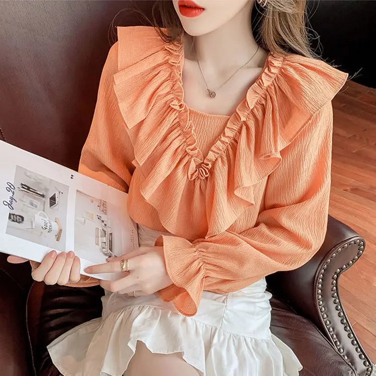 

Elegant V Collar Blouse Loose Long Sleeve Shirt 2024 Autumn New Casual Tops Oversized Pullover Women's Blouses and Shirts E108