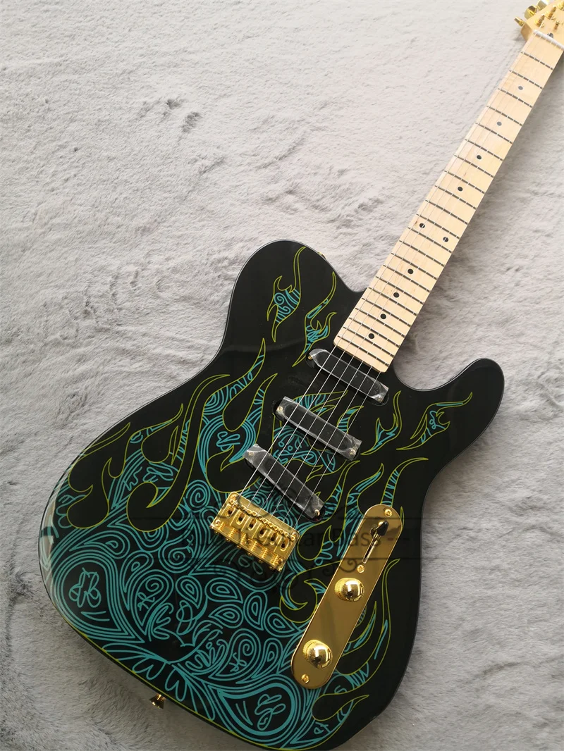 Black Electric Guitar  Basswood Body Blue Fire Pattern Fixed Bridge SSS Pickups Maple Fingerboard 22 Frets Gold Tuners