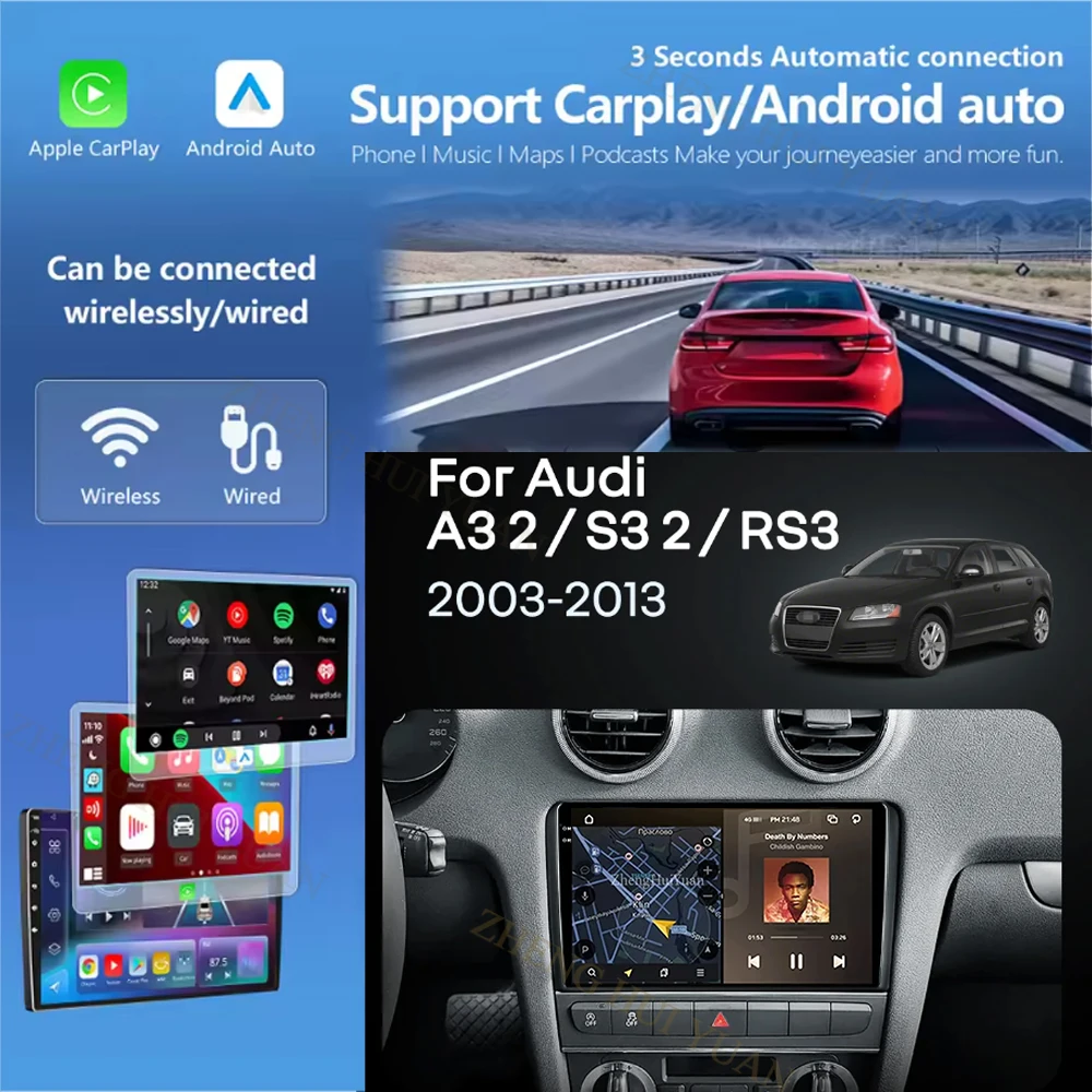 Android 16 For Audi A3 8P 2003-2013 Car Radio Stereo GPS Navigation Multimedia Player Wireless CarPlay Android Auto WIFI BT FM