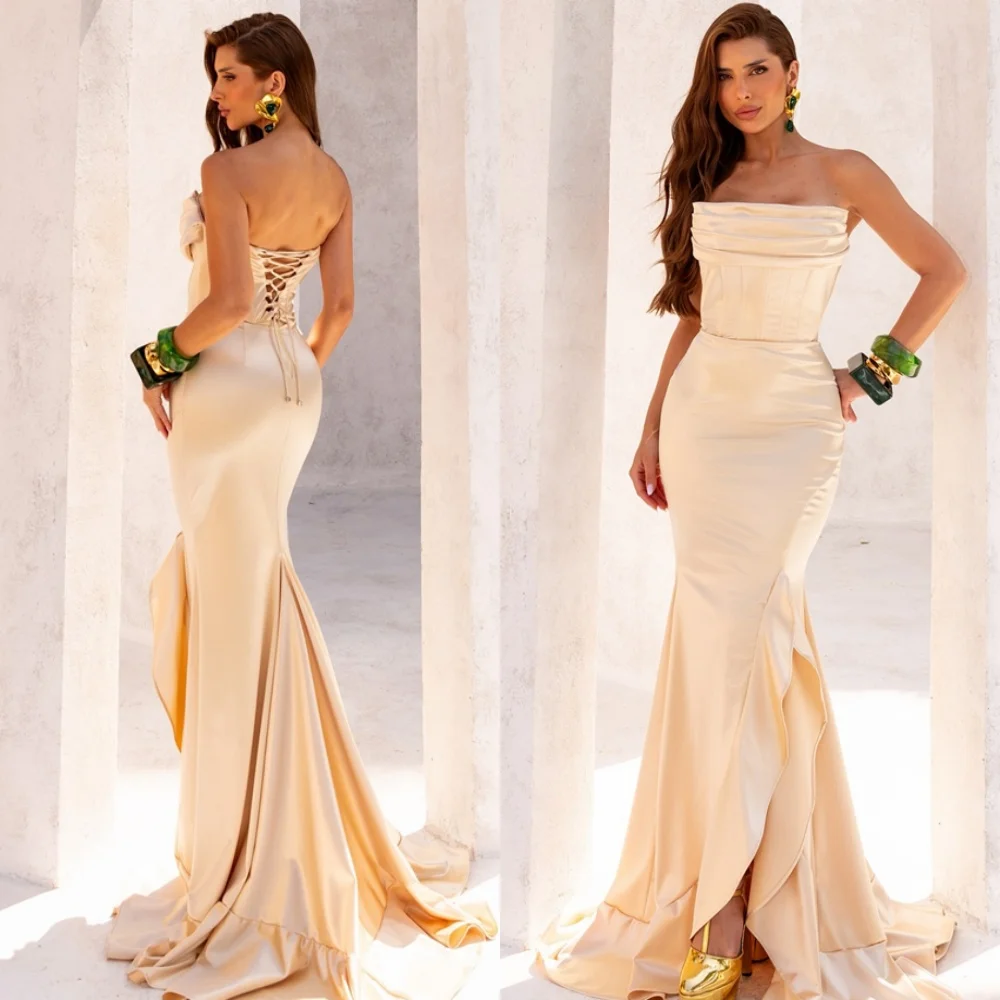 

Customized High Quality Satin Evening Dresses Sexy Strapless Sleeveless Homecoming Dresses Court Train Special Occasion Gowns