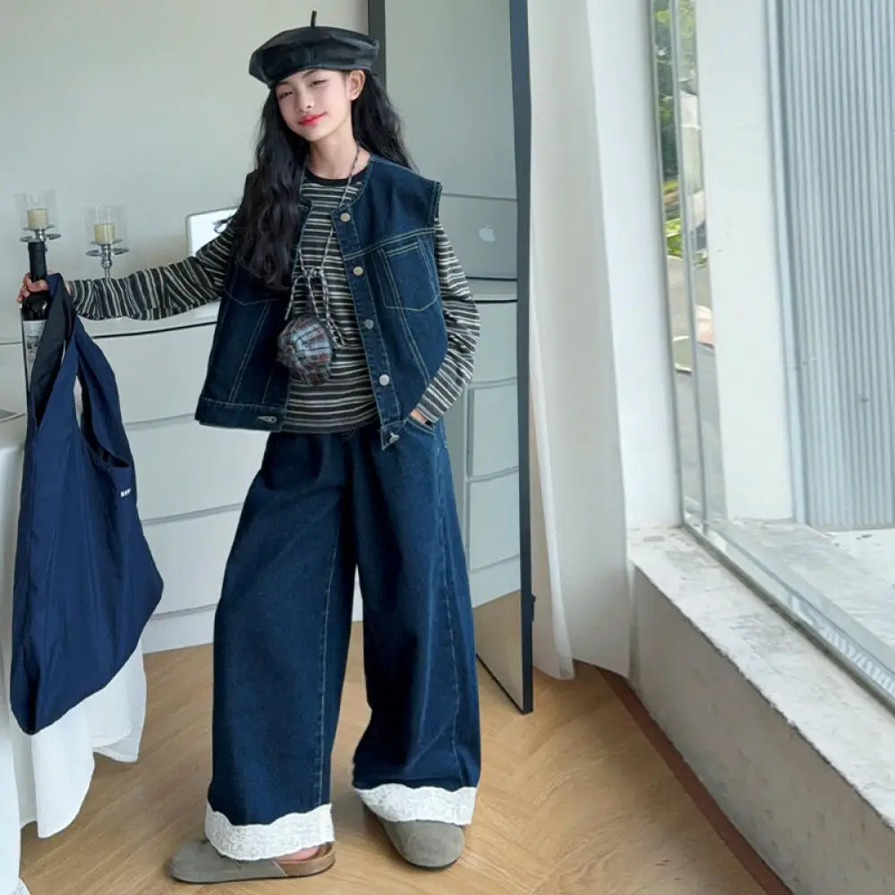 

Kawaii модное ковбойское пальто для девочек, джинсовый комплект, студенческий осенний повседневный нижний слой с героями мультфильмов, рубашка, брюки, комплект из 3 предметов, детская одежда