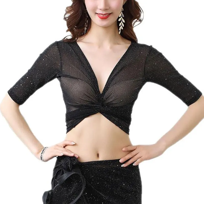 Belly Dance Tops Women V Neck Mesh Half Sleeve Shawl Shrug Bolero Shirt Cardigan Stage Training Performance Dancewear Costume