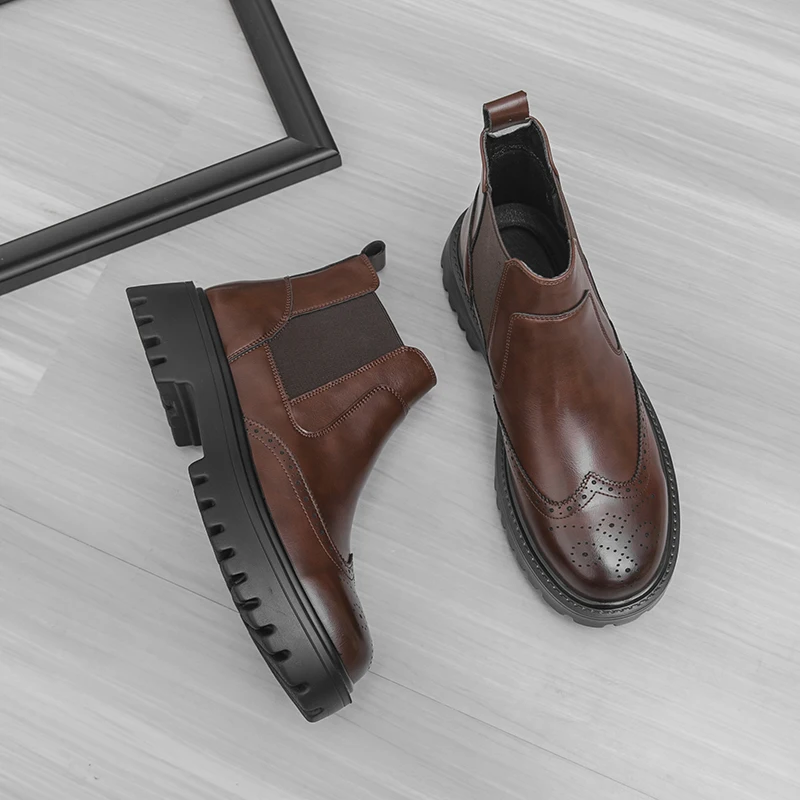 Zimowe retro męskie botki Chelsea podwyższające wzrost, męskie casualowe ultralekkie botki na grubej podeszwie, wysokie buty biznesowe, buty robocze outdoorowe.