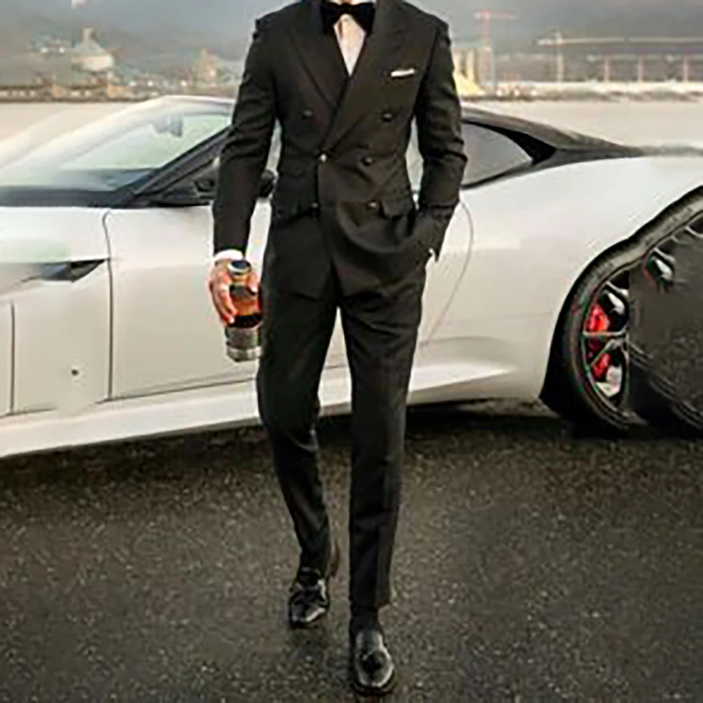 

Elegant Black Men Suits Double Breasted Business Blazer Fashion Flim Fit 2 Piece Jacket Pants Costume Homme Pour Mariage