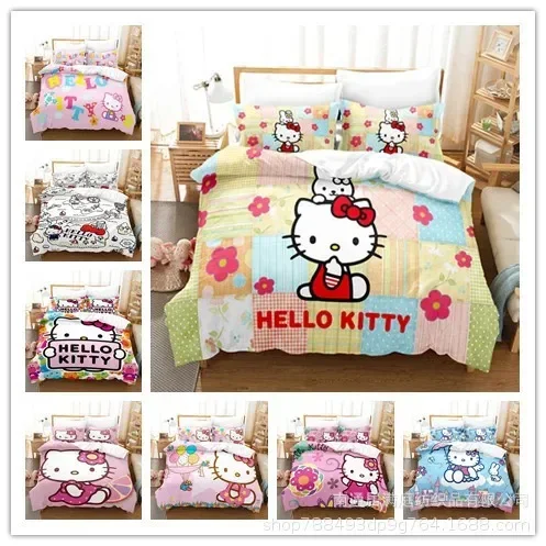 

Sanrio Kuromi HelloKitt Kawaii Cartoon 3D Digital Printing Quilt Cover Pillowcase Bedding Three-piece Set Cosplay Best Gift