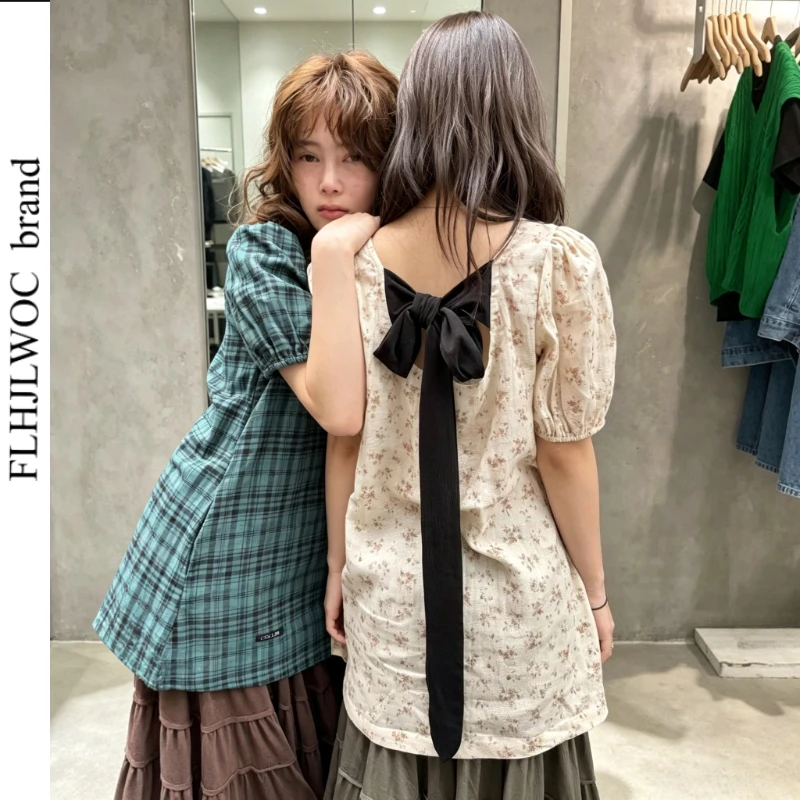 Chic Cute Tunic Tops Floral Blouses New Japanese Style Short Sleeve Slim Casual Retro Vintage Bow Tie Babydoll Shirts