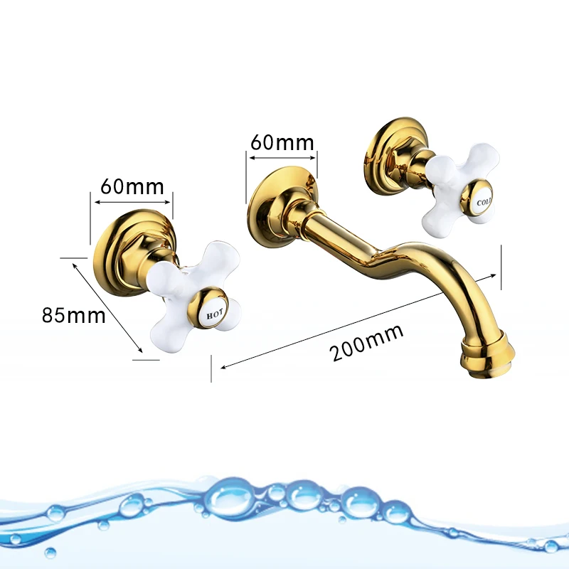 

8 Inch Bathroom Vanity Sink Faucet Wall Mounted Three Hole Vessel Sink Faucet Dual Handle Widespead Basin Sink Faucet Gold