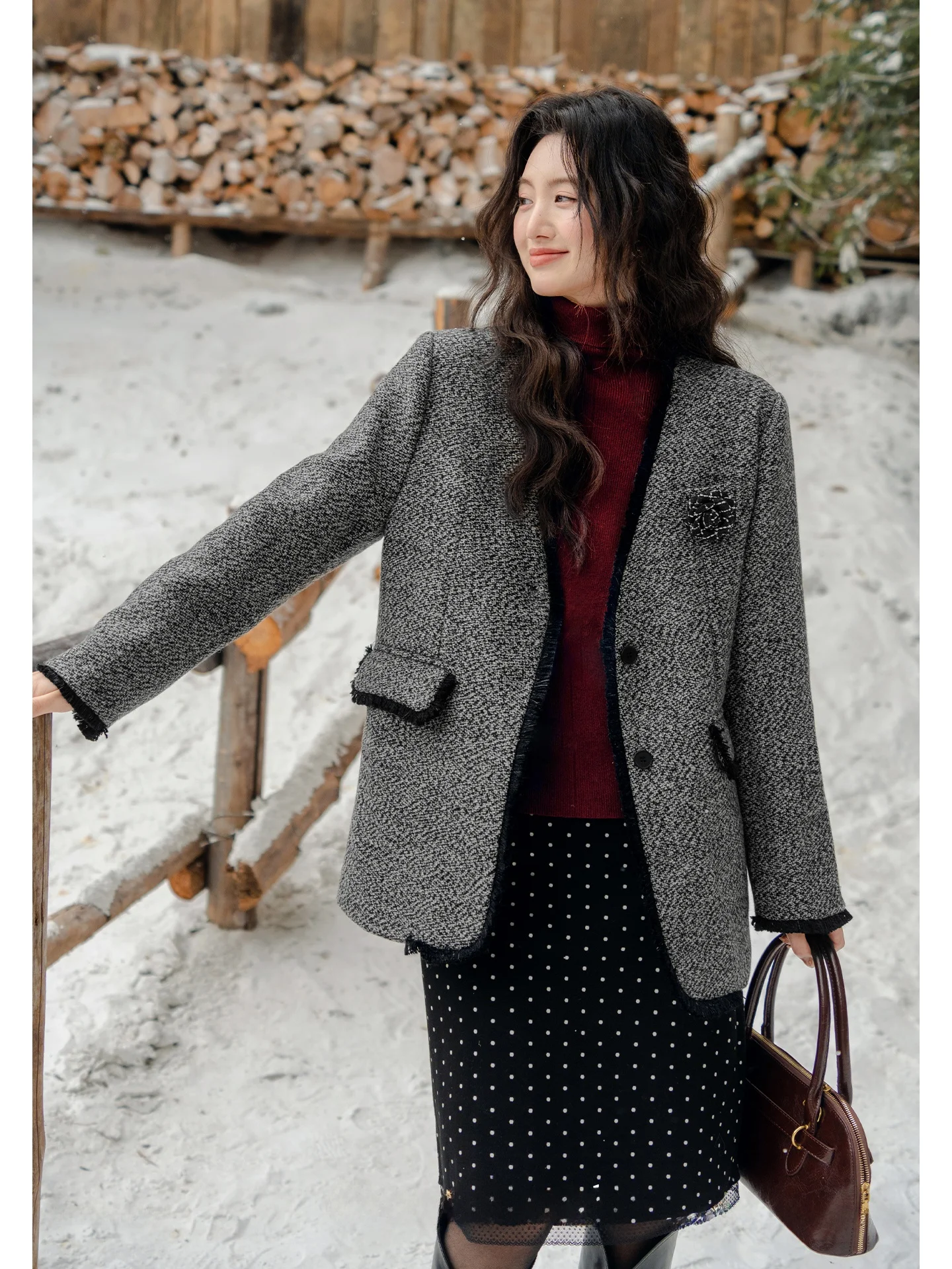 

Ele ey Woolen Coat with down Inner Liner for Women Thi Winter Outerwear Retro Commute Sle V-Ne Long Sve Coat