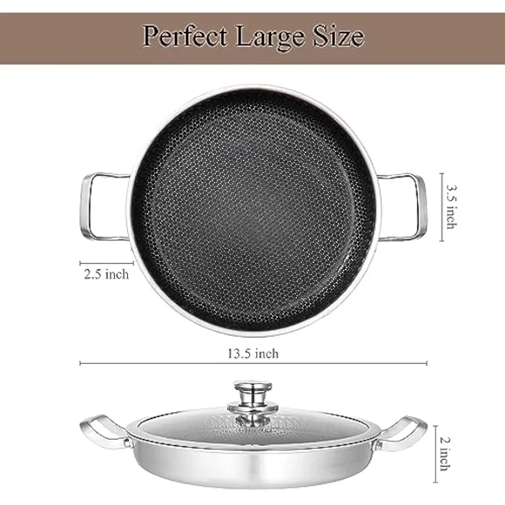 Vinchef Stainless Steel Pan With Lid,13 Inch Paella Pan,PFOA Free, Dishwasher and Oven Safe Cookware