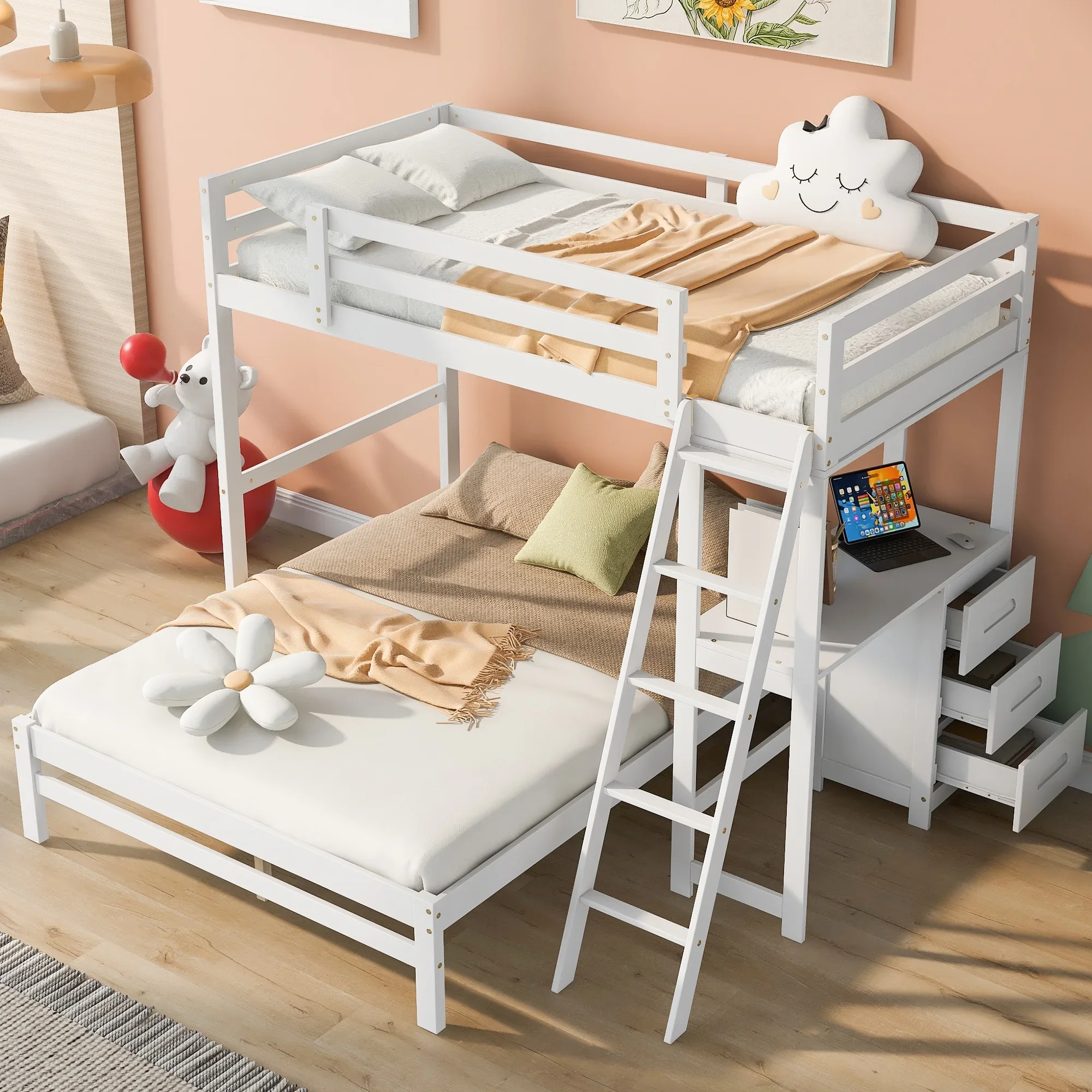 

-For Twin Over Full Bunk Bed with Desk and Drawers for Kids Bedroom Triple Bunk Bed With Storage^