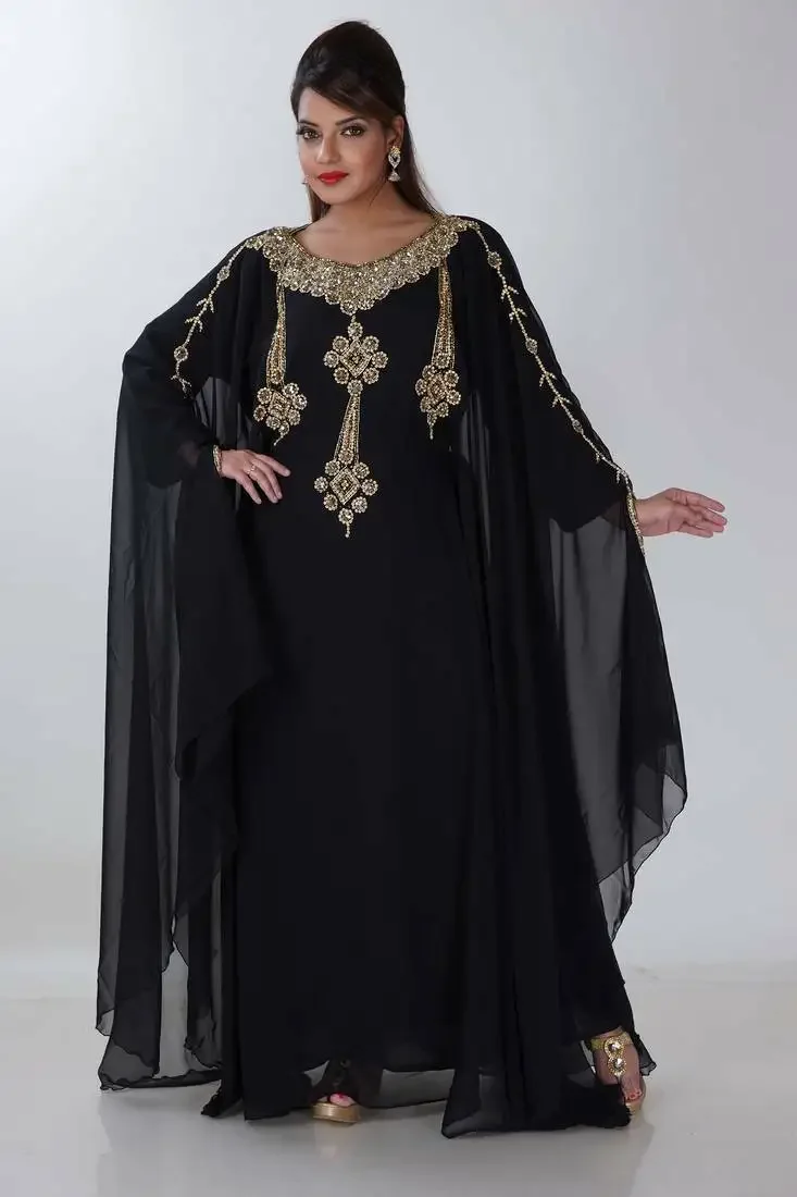 

Black Moroccan Kaftan Abaya Farasha Long Sleeved Islamic Party Dress for Women