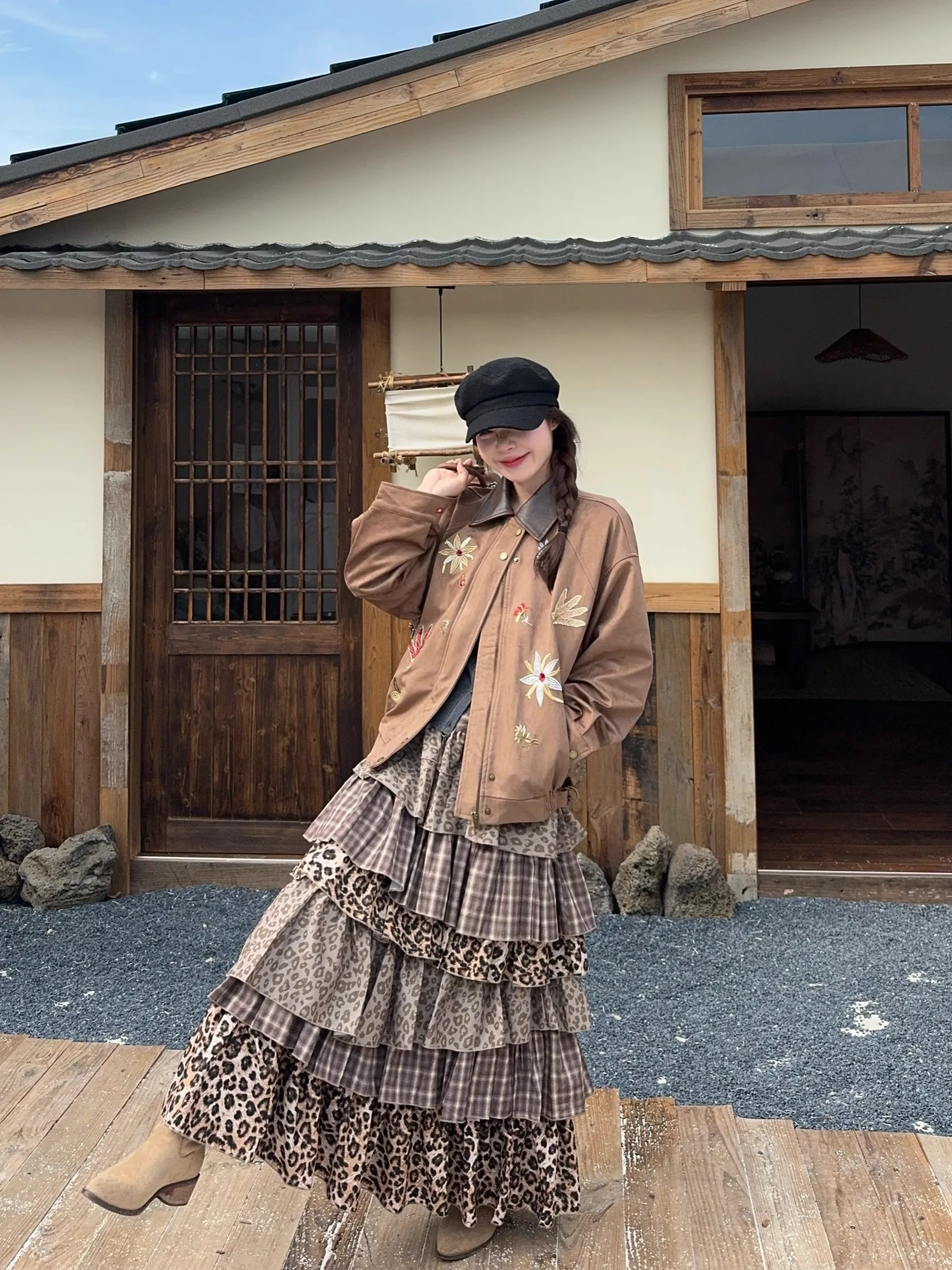 

Kumikumi Women's Suede Jacket And Skirt Set Floral Embroidery Leopard Print Patchwork High Waist Biker Jacket Zipper Closure