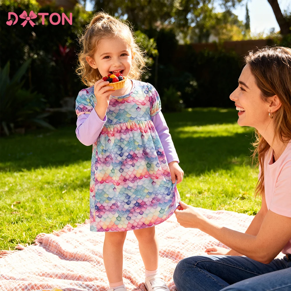 

DXTON Mermaid Girls Dresses Two Fake Pacthwork Children Autumn Clothing Casual Kids School Dress Toddler Birthday Party Dresses