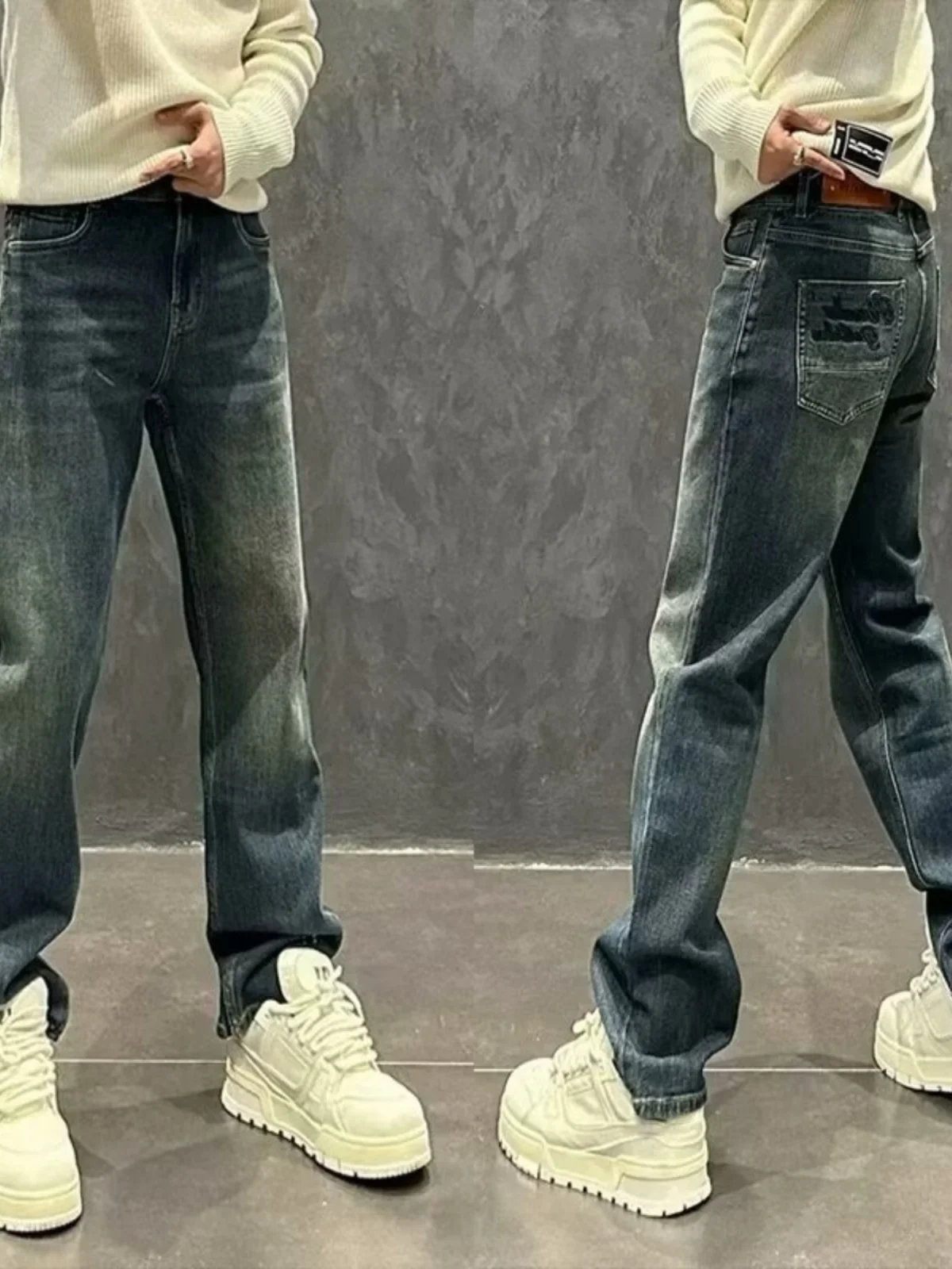 

Мужские джинсы с широкими штанинами, синие, с эффектом потертости, в американском уличном стиле, повседневные, прямого кроя, универсальные, свободного кроя, молодежная мода