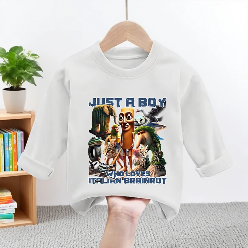 

Italian Brainrot Children's Long Sleeve T-shirt Autumn Winter Cartoon Anime Pattern Top Warm T-shirt Children's Birthday Gift