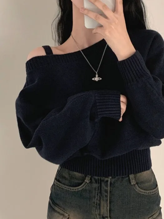 Korean Style Knitted Shoulder Bared Sweater Women's Base Layer Top Short Design Sensation Autumn New Fashion Casual Wear