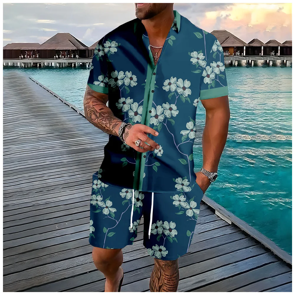 Conjunto de camisa de manga corta con estampado 3D de flores para hombre, pantalones cortos de playa informales de gran tamaño, ropa de calle, trajes hawaianos, moda de verano