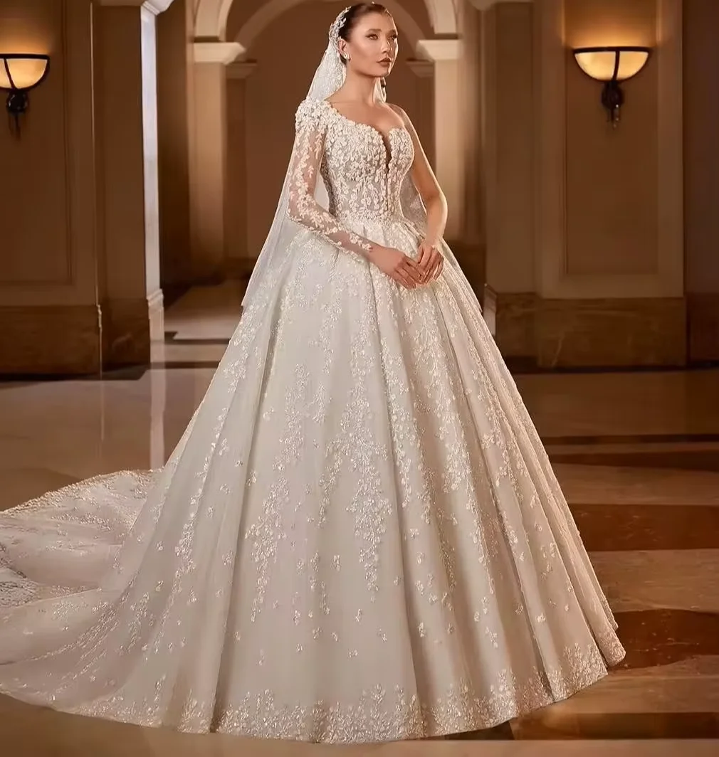 Luxury One Shoulder Wedding Dress Long Sleeve 3D Flower Lace Bridal Gown Chapel Train CustomizeRobe De Mariée Vestido De Novia