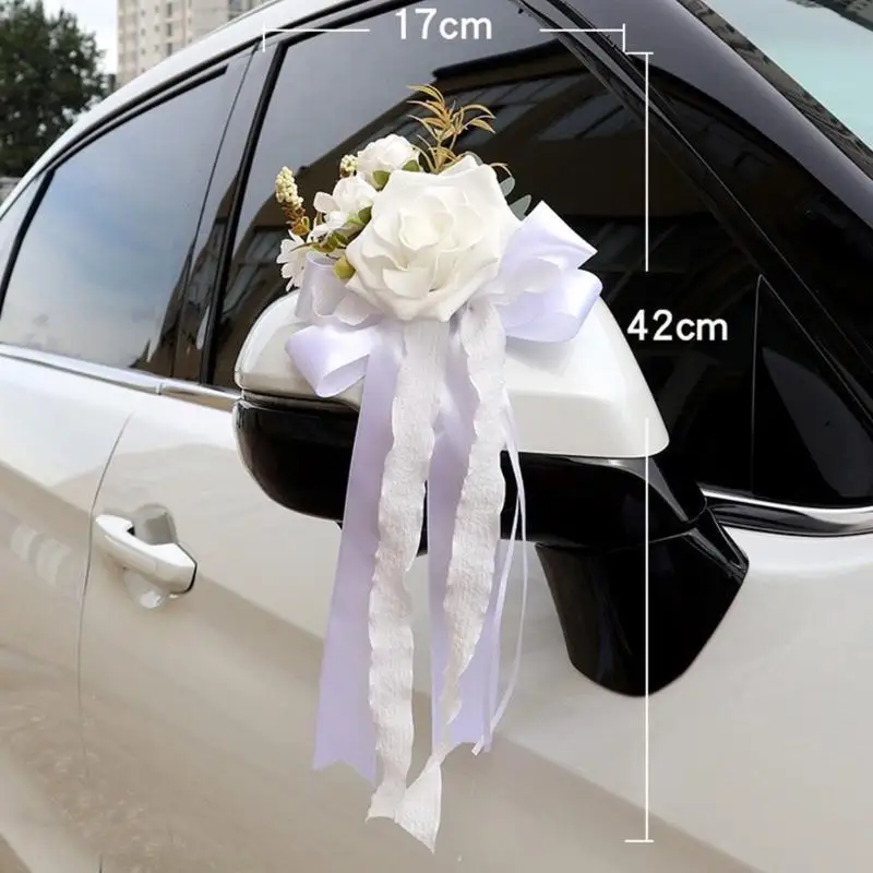 

E8BD 6Pcs Wedding Car Flower Decorations Silk Rose Bowknot for Vehicle Door Handle Adornment Elegant Vehicles Accessories