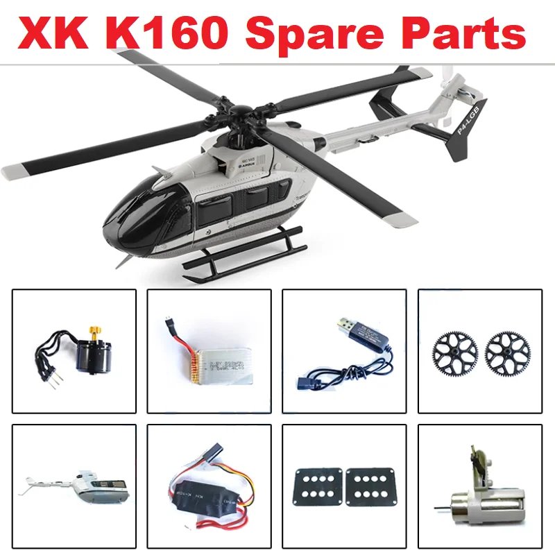Peças de Reposição para Helicóptero RC Wltoys XK K160: Hélice Principal, Engrenagem, Motor de Cauda, Cabeçote do Rotor, Servo, ESC, Receptor, Carcaça, Eixo, Placa Oscilante, Bateria