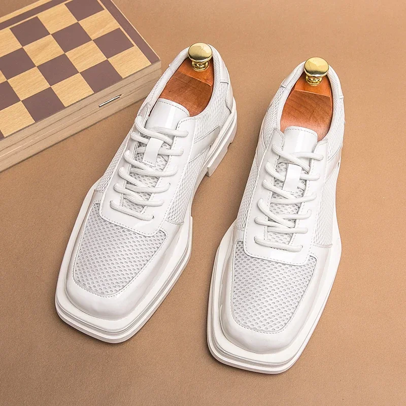

Men Breathable Casual Shoes PU Patchwork Mesh Thick Sole Lace Up Square Toe Comfortable Business Formal Mesh Shoes
