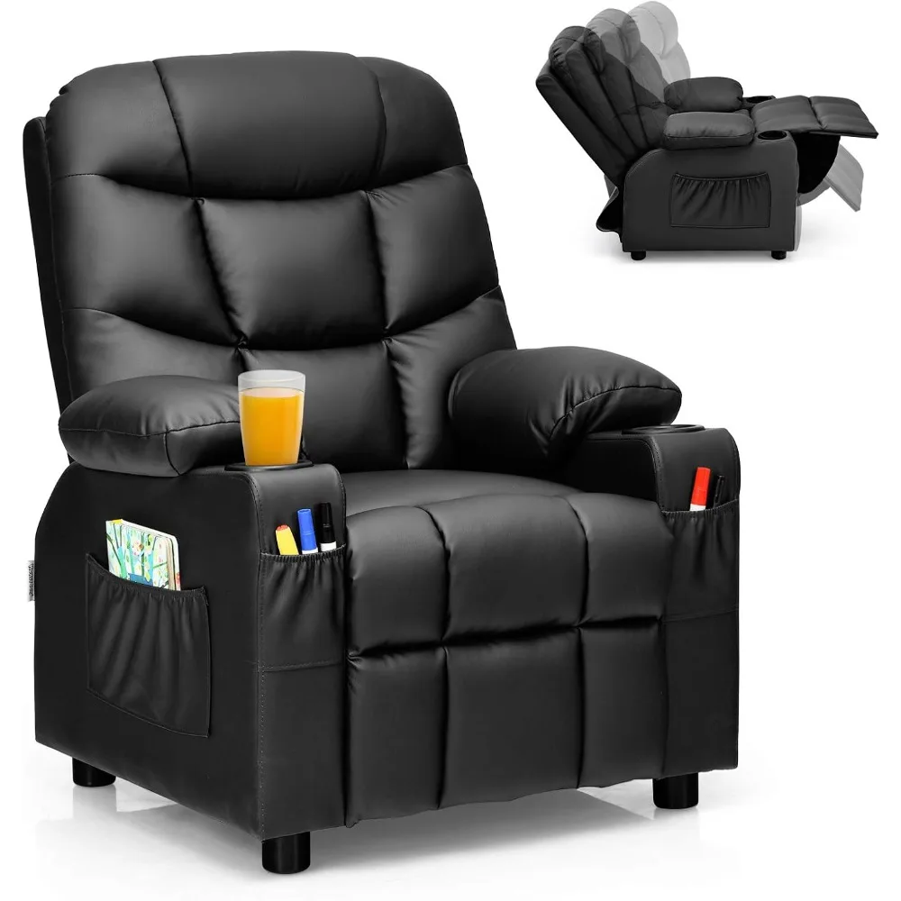 

Kids Recliner Chair with Cup Holder, Adjustable Leather Lounge Chair w/Footrest & Side Pockets for Children Boys Girls Room