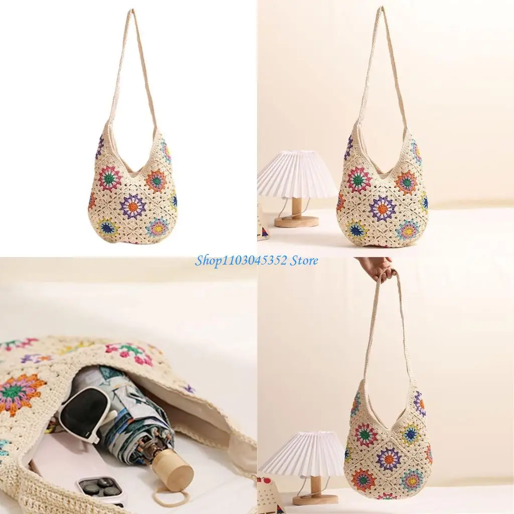 

Women Knitted Shoulder Bag Colorful Flowers Crossbody Bag Fashion Beach Bag Crochet Handbag Vacation Bag for Travel