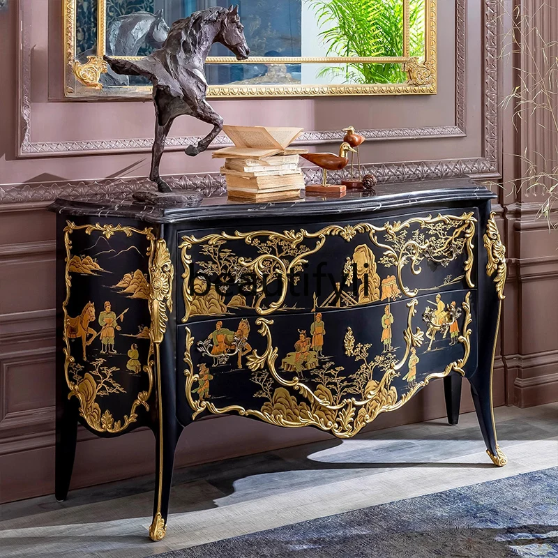 X59French Chinese style porch cabinet entry foyer solid wood painted storage cabinet retro style, storage side cabinet