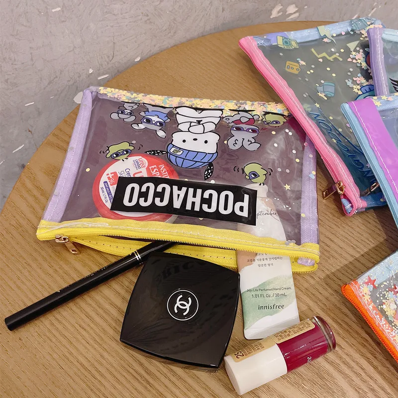 Sanrio 광대 물고기 멋진 펭귄 PC 개 개구리 귀여운 만화 투명 PVC 방수 저장 메이크업 가방 레이디 일본어 15x22cm