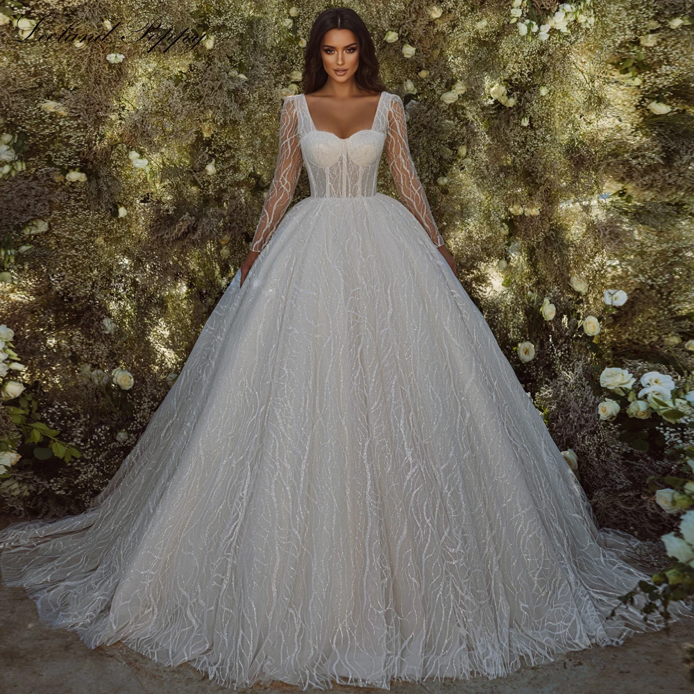 Lceland Poppy Customized Square Neck Illusion Ball Gown Lace Wedding Dresses Full Sleeves Beaded Bridal Gowns with Chapel Train
