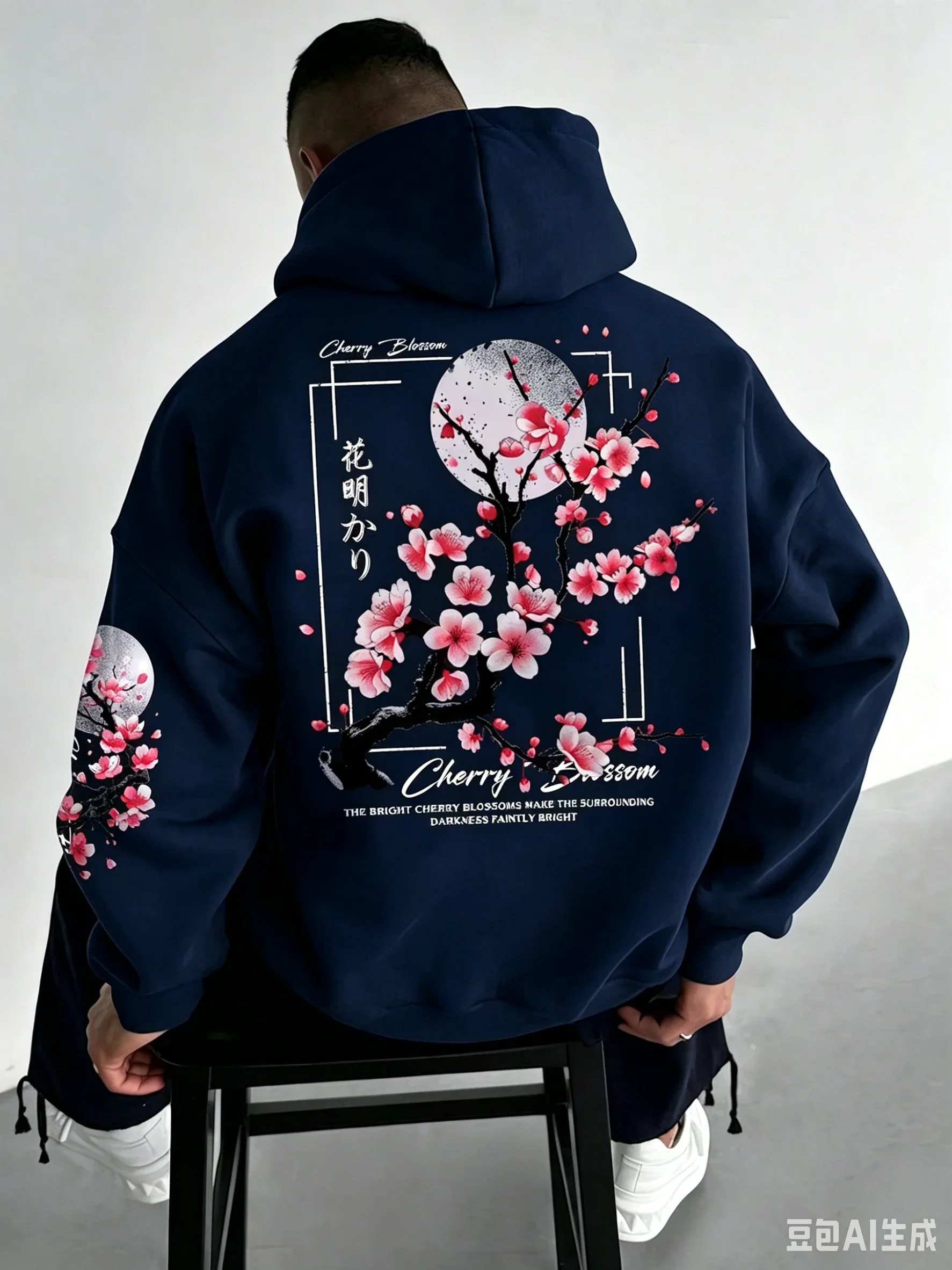 Herren Fleece-gefütterter Hoodie Herbst Winter Japanischer Kirschblüten-Druck Sweatshirt Locker Sitzender Streetwear Pullover Dicker Warmer Kapuzenpullover – Detail 5