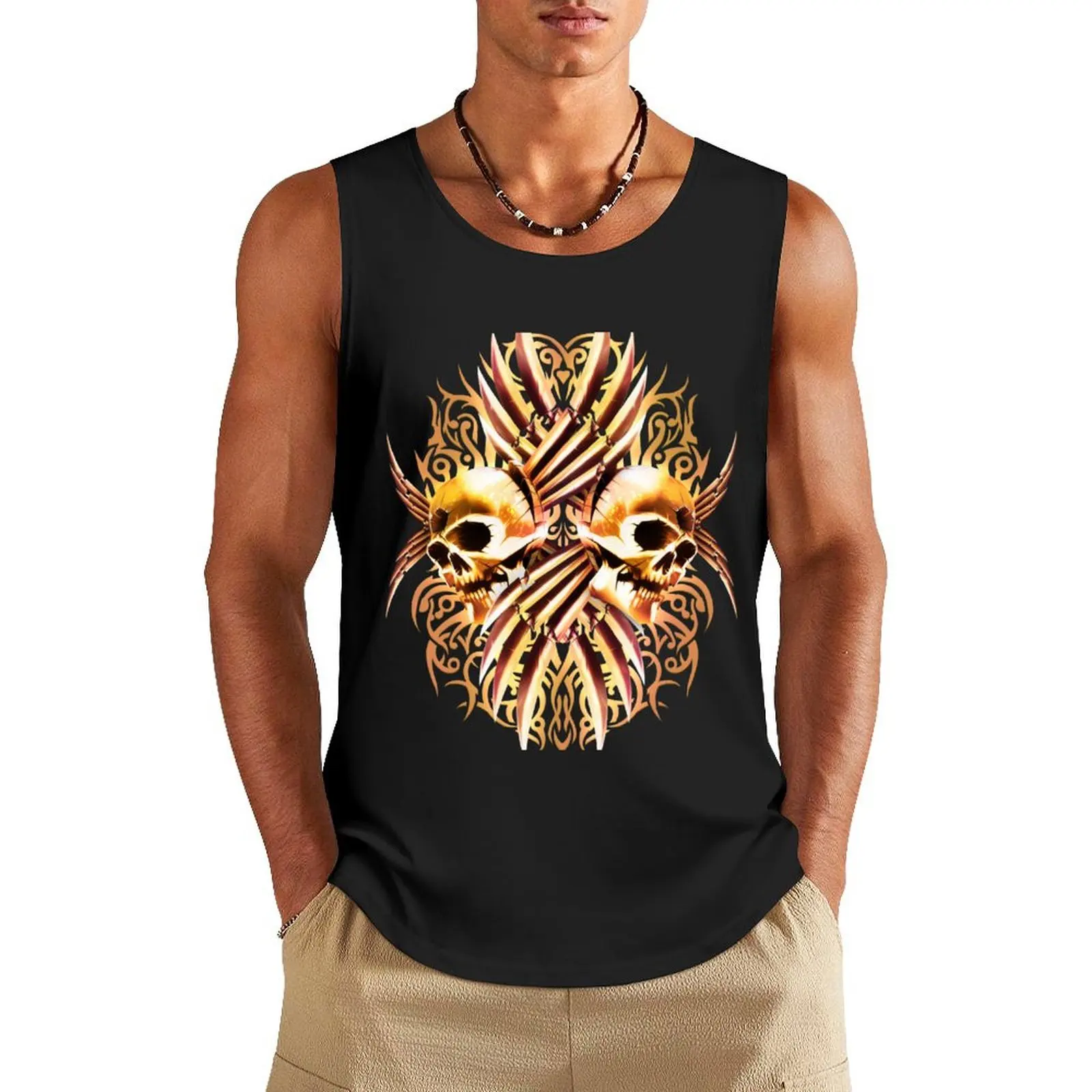 

Golden Skulls - Ornamental Skulls Decor Tank Top gym clothing men Men's summer clothes Short sleeve Bodybuilding shirt