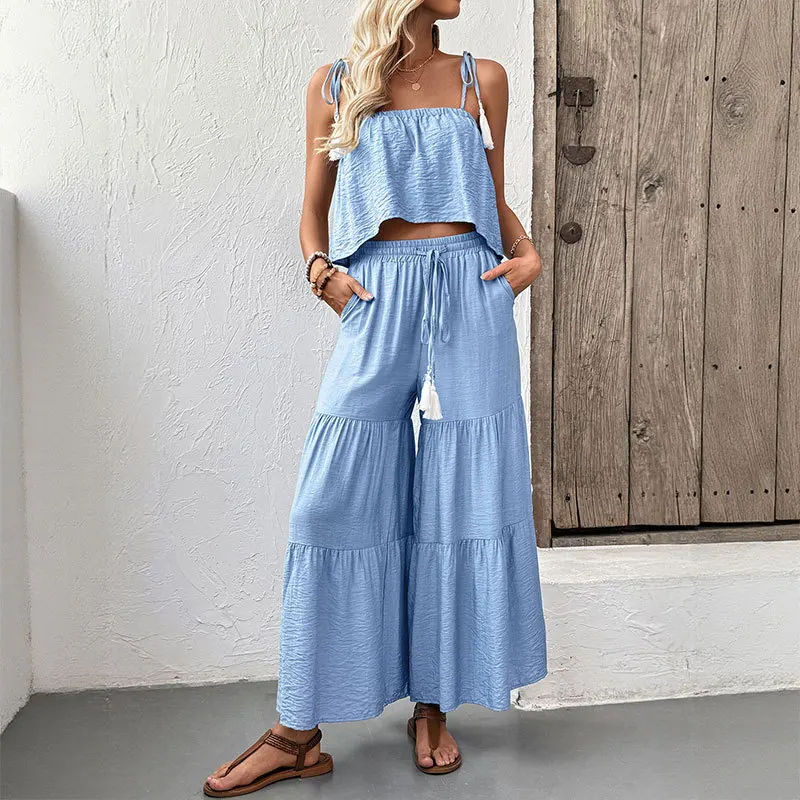 

Women's Summer 2 Piece Set Spaghetti Strap Crop Top Tiered Wide Leg Pants with Tassel Drawstring Casual Beach Outfit