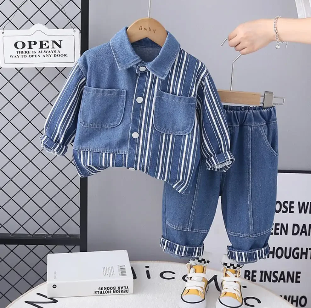 Boys Autumn Clothes Sets for Kids 1 To 2 Years Vertical Striped Denim Single-breasted Jacket+Pants Two Piece Infant Boys Outfits