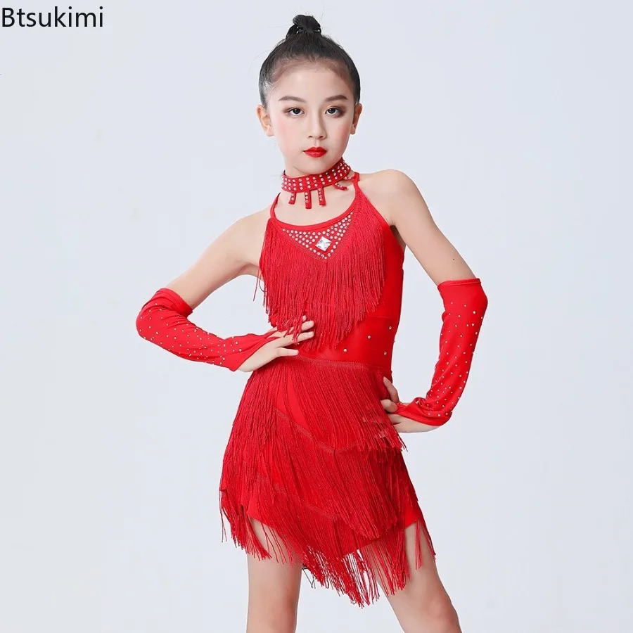 

Платье для латинских танцев для девочек, юбка с однотонной кисточкой, танго, ча-ча, сальса, танцевальные платья, сценический костюм, одежда для танца живота