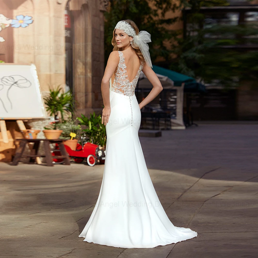 ANGEL Sexy Illusion Wedding Dresses 2024 New Mermaid V-Neck Sleeveless Bridal Gowns Appliques Backless Zipper Vestidos de Novia