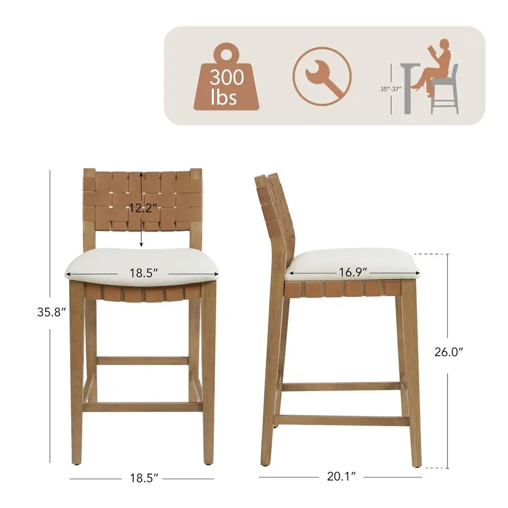 

Woven Bar Stools Set of 2, 26 Counter Height Bar Stools with Backrest, Handwoven Counter Stools with Wood Frame for Kitchen Isl