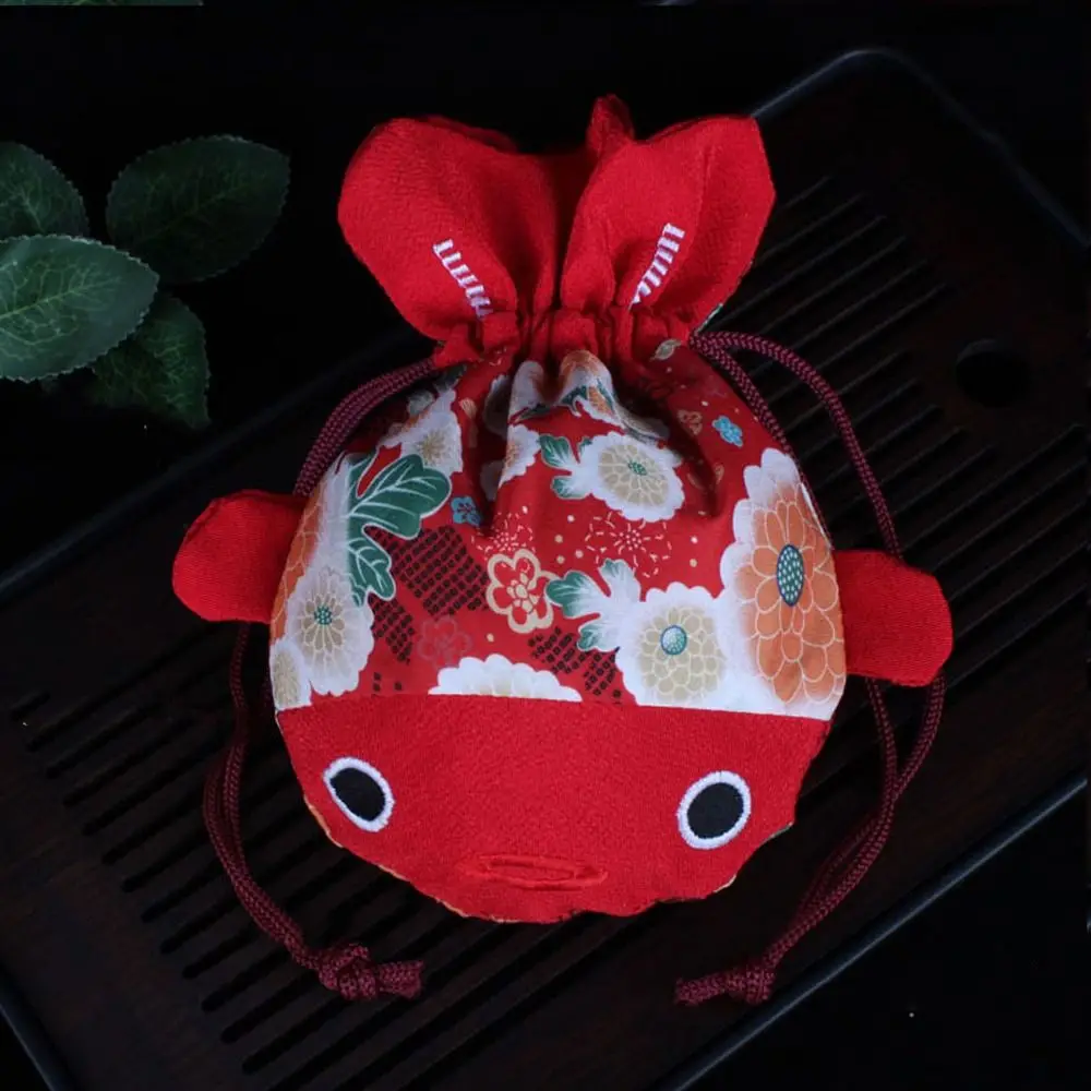 Cartoon Animal Canvas Flower Drawstring Bag New Year Red Color Bag Gold Fish Shape Handbag Large Capacity Wrist Bag
