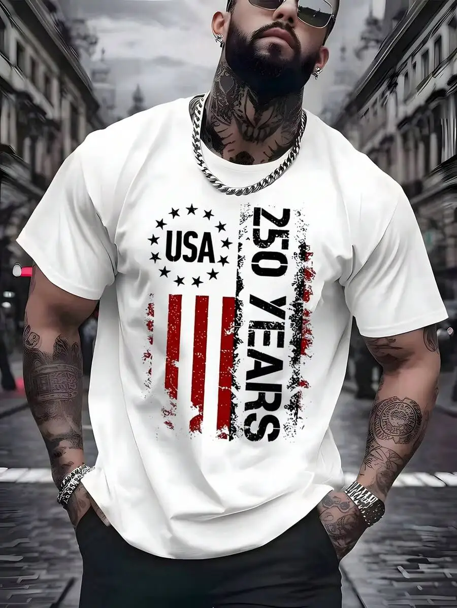 Men's Shirt Usa Flag 250 Years Anniversary Design, Patriot Graphic Tee Y2K Streetwear Mens Clothes Casual Digital Print, Mens Tops, Men Clothing